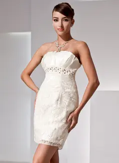 Sheath Scalloped Neck Short/Mini Satin Lace Cocktail Dress With Beading (016014423)
