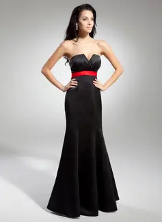 Empire Scalloped Neck Floor-Length Satin Evening Dress With Sash (017014922)