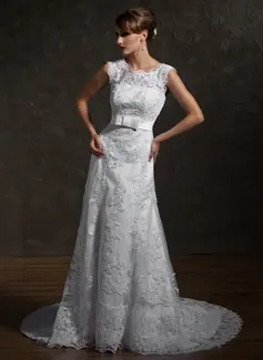 A-Line/Princess Square Neckline Court Train Satin Tulle Wedding Dress With Lace (002000631)