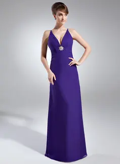 Sheath V-neck Floor-Length Chiffon Holiday Dress With Ruffle Crystal Brooch (020003308)
