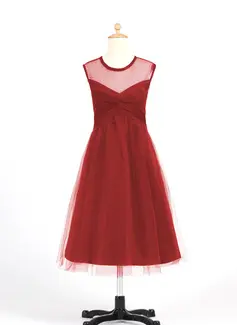 A-Line/Princess Scoop Neck Tea-Length Chiffon Tulle Junior Bridesmaid Dress With Ruffle (009022483)