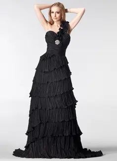 A-Line/Princess One-Shoulder Sweep Train Taffeta Evening Dress With Ruffle Crystal Brooch (017002569)