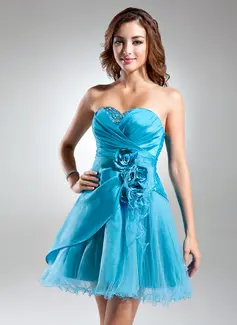 A-Line/Princess Sweetheart Knee-Length Taffeta Tulle Cocktail Dress With Ruffle Beading Flower(s) (016015582)