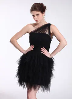 Sheath One-Shoulder Short/Mini Tulle Cocktail Dress With Ruffle (016026274)