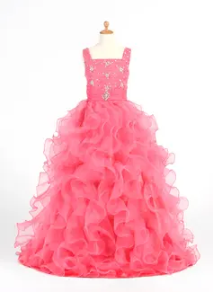 A-Line/Princess Scoop Neck Sweep Train Organza Satin Flower Girl Dress With Ruffle Beading (010005873)