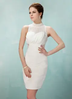 Sheath High Neck Knee-Length Chiffon Lace Cocktail Dress With Ruffle (016021211)
