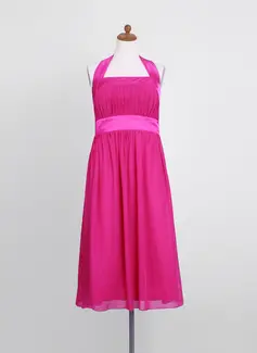 Empire Halter Tea-Length Chiffon Charmeuse Junior Bridesmaid Dress With Ruffle (009022494)