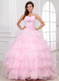 Ball-Gown Sweetheart Floor-Length Organza Quinceanera Dress With Ruffle Beading Flower(s) (021017335)