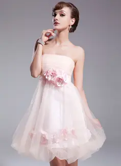 Empire Strapless Knee-Length Tulle Homecoming Dress With Ruffle Flower(s) (022020950)