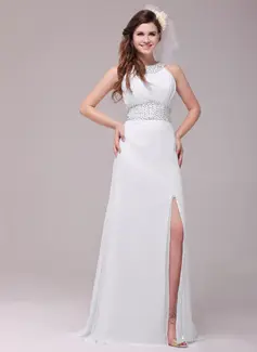 A-Line/Princess Scoop Neck Sweep Train Chiffon Evening Dress With Ruffle Beading (017014033)