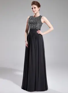 A-Line/Princess Scoop Neck Floor-Length Chiffon Sequined Evening Dress With Ruffle (017019703)