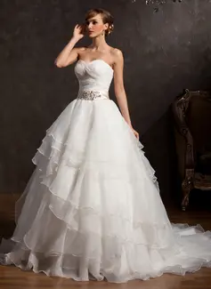 Ball-Gown Sweetheart Chapel Train Organza Wedding Dress With Ruffle Lace Sashes Sequins (002015163)