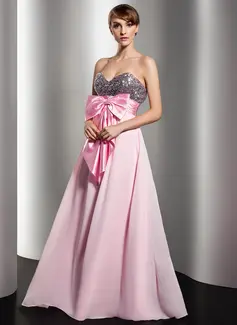 Empire Sweetheart Floor-Length Chiffon Charmeuse Sequined Holiday Dress With Ruffle (020014541)