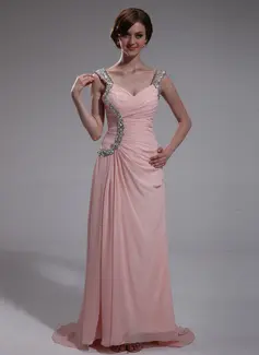 Vestido tubo Escote corazón Cola barrida Chifón Vestidos de noche con Volantes Bordoneado (017022730)