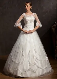 Ball-Gown V-neck Floor-Length Satin Tulle Wedding Dress With Lace Beadwork (002015168)