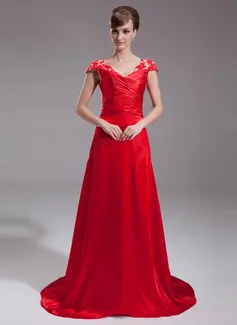 A-Line/Princess V-neck Sweep Train Charmeuse Lace Evening Dress With Ruffle Beading (017005598)