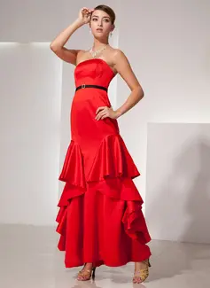 Sheath Strapless Floor-Length Satin Evening Dress With Sash Beading (017014413)
