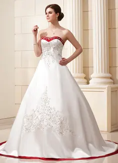 Ball-Gown Sweetheart Chapel Train Satin Wedding Dress With Embroidery Sashes Beadwork Sequins (002004606)