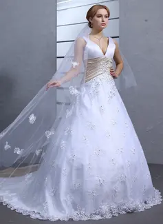 Ball-Gown V-neck Chapel Train Satin Tulle Wedding Dress With Lace Sashes Beadwork (002000546)