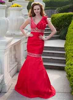 Mermaid V-neck Floor-Length Taffeta Prom Dress With Ruffle Beading (018024660)
