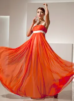 Empire Square Neckline Floor-Length Chiffon Charmeuse Holiday Dress With Ruffle Sash (020025838)