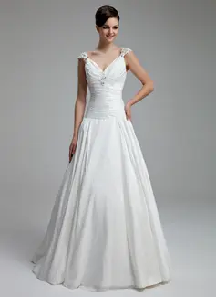 A-Line/Princess V-neck Floor-Length Taffeta Wedding Dress With Ruffle Lace Beadwork (002012805)