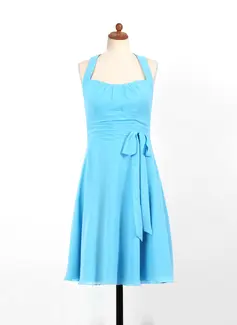 A-Line/Princess Halter Knee-Length Chiffon Junior Bridesmaid Dress With Ruffle (009022496)
