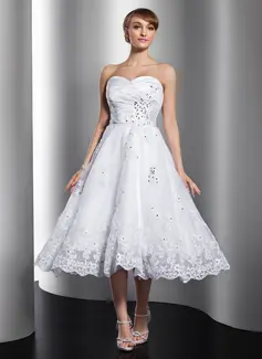 A-Line/Princess Sweetheart Tea-Length Organza Satin Wedding Dress With Ruffle Lace Beadwork (002012010)