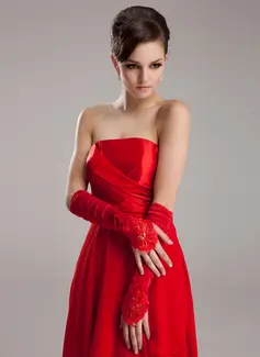 Elastic Satin Beadings Lace Elbow Gloves (014020469)