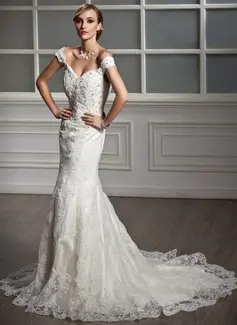 Mermaid Off-the-Shoulder Court Train Satin Tulle Wedding Dress With Lace Beadwork (002011499)