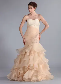 Mermaid Sweetheart Sweep Train Organza Prom Dress With Ruffle Lace Beading (018026261)