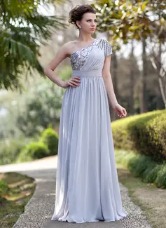 A-Line/Princess One-Shoulder Floor-Length Chiffon Sequined Evening Dress With Ruffle Beading (017022933)
