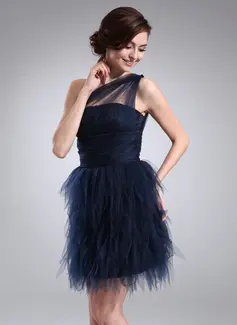 Sheath One-Shoulder Short/Mini Tulle Cocktail Dress With Ruffle (016008363)