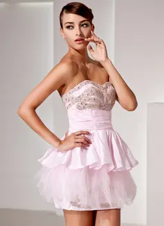 A-Line/Princess Sweetheart Short/Mini Taffeta Tulle Cocktail Dress With Ruffle Beading (016014424)