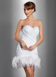 Sheath/Column Sweetheart Short/Mini Organza Satin Wedding Dress With Ruffle Beadwork Flower(s) (002012076)