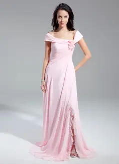 A-Line/Princess Off-the-Shoulder Chapel Train Chiffon Evening Dress With Ruffle Flower(s) (017014899)