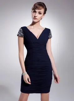 Sheath V-neck Short/Mini Chiffon Cocktail Dress With Ruffle Beading Sequins (016021216)