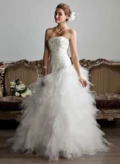 A-Line/Princess Strapless Floor-Length Satin Tulle Wedding Dress With Ruffle Lace Beadwork (002013799)