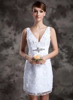 Sheath/Column V-neck Short/Mini Lace Wedding Dress With Sashes Beadwork (002014977)