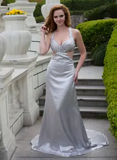 A-Line/Princess V-neck Court Train Charmeuse Prom Dress With Ruffle Beading (018024669)