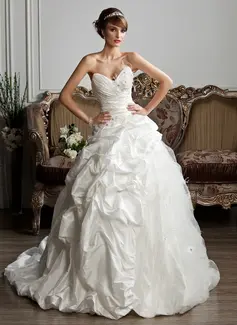 Ball-Gown Sweetheart Court Train Taffeta Tulle Wedding Dress With Ruffle Beadwork Feather Appliques (002013806)