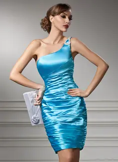 Sheath One-Shoulder Short/Mini Charmeuse Cocktail Dress With Ruffle Beading (016008535)