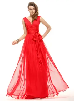 A-Line/Princess V-neck Floor-Length Chiffon Charmeuse Holiday Dress With Ruffle (020016067)