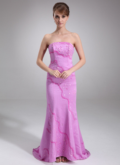 Mermaid Strapless Sweep Train Satin Evening Dress With Beading (017016840)