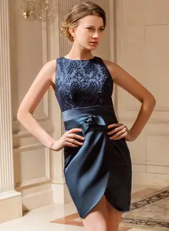 Sheath Scoop Neck Tea-Length Satin Lace Mother of the Bride Dress With Ruffle (008024439)
