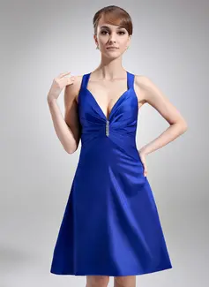 A-Line/Princess V-neck Knee-Length Charmeuse Cocktail Dress With Ruffle Beading (016008248)