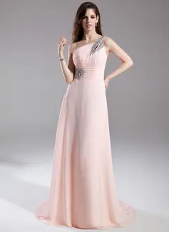 A-Line/Princess One-Shoulder Court Train Chiffon Evening Dress With Ruffle Beading (017015805)