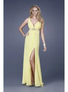 Graceful Sheath V-neck Sweep Train Chiffon Charmeuse Evening Dresses With Ruffle Beading (017004356)