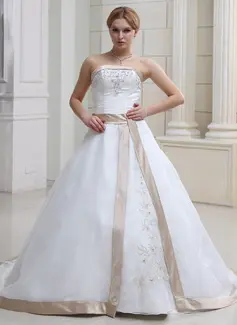 Ball-Gown Strapless Chapel Train Organza Satin Wedding Dress With Embroidery Sashes Beadwork (002011668)