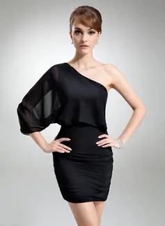 Sheath One-Shoulder Short/Mini Chiffon Cocktail Dress With Ruffle (016021254)